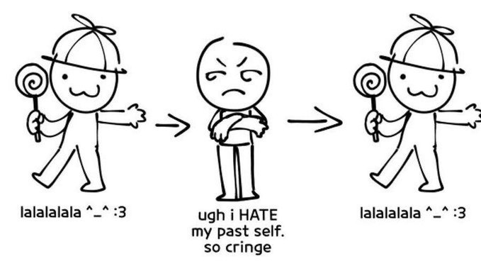 Three-panel ADHD meme showing a happy person skipping with a lollipop, then suddenly cringing and hating their past self, then going back to skipping happily