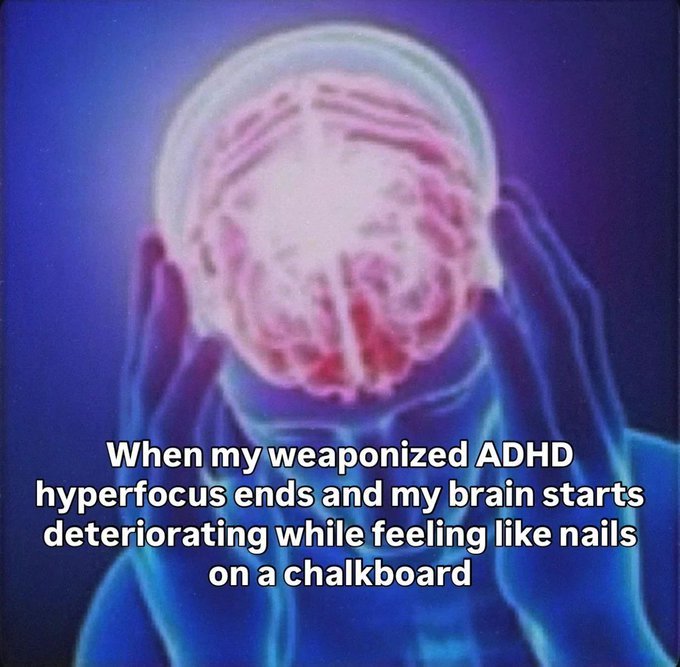 Glowing X-ray style image of a person holding their head in exhaustion, with text about ADHD hyperfocus ending and the brain feeling overloaded