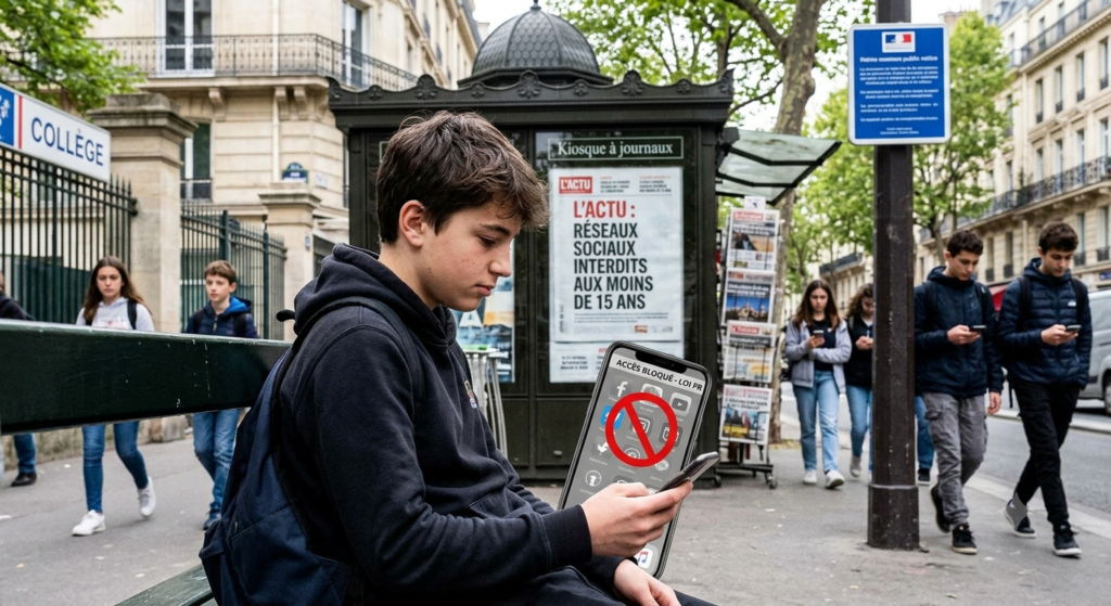 Teenager scrolling on smartphone illustrating France social media ban for under-15s