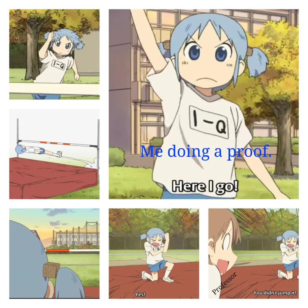 Anime girl wearing I minus Q shirt celebrates a failed high jump while professor says she did not clear the bar