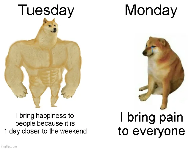 Buff Doge vs Cheems meme comparing Tuesday and Monday, with strong Doge saying Tuesday brings happiness and weak Cheems saying Monday brings pain, a viral Tuesday vs Monday meme.