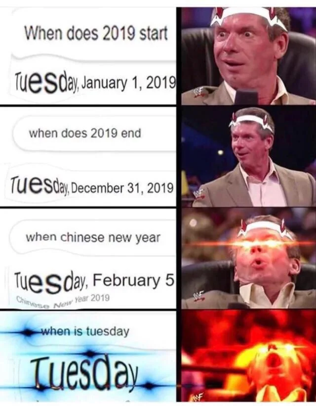 Vince McMahon reaction meme escalating with each panel, joking that 2019's start, end, Chinese New Year, and even Tuesday itself all land on Tuesday, a viral escalation meme format.