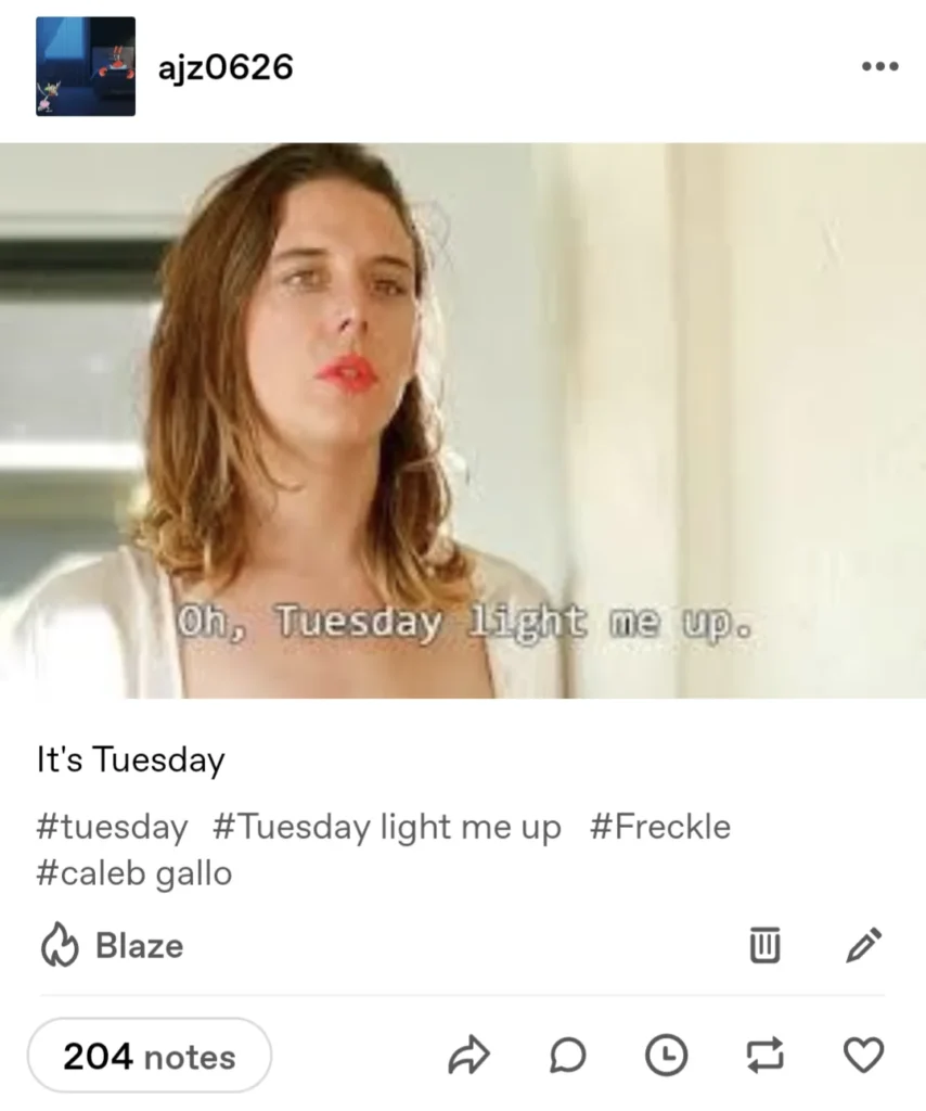 Deadpan reaction meme captioned "Oh, Tuesday light me up" with text "It's Tuesday," a niche indie-film Tuesday reaction meme.