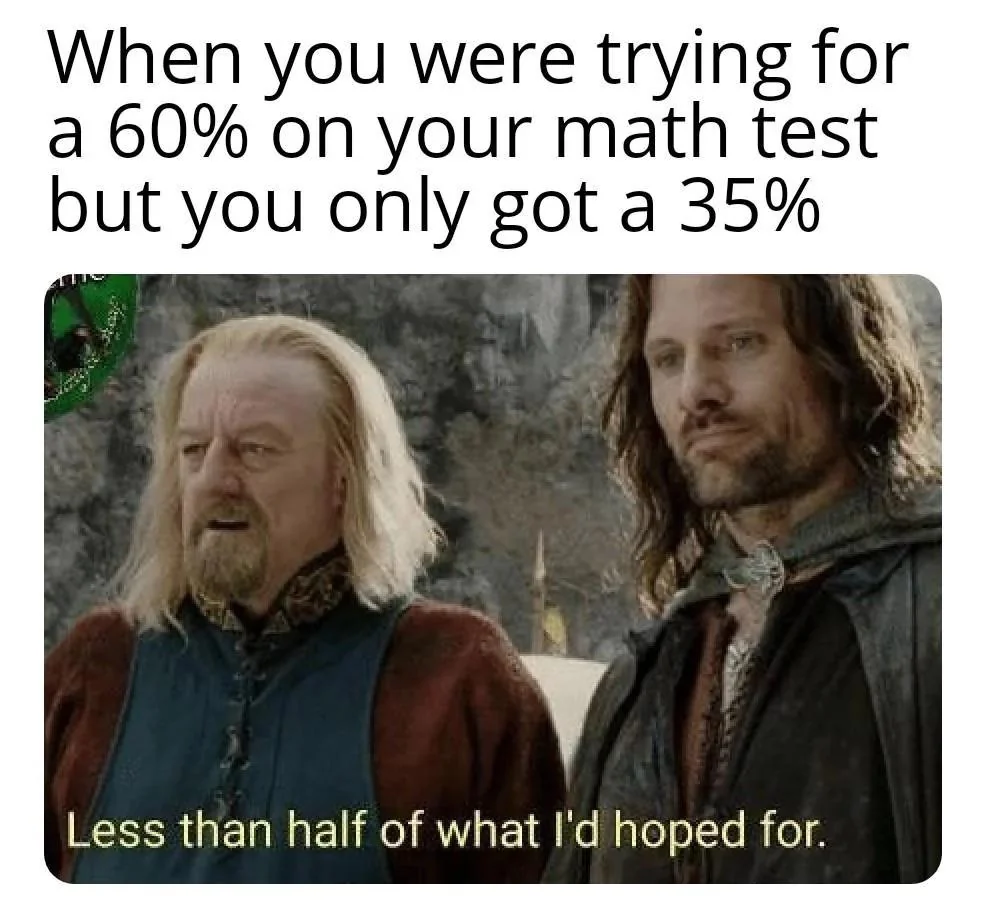Theoden and Aragorn from Lord of the Rings reacting to getting 35 percent instead of hoped for 60 percent math score