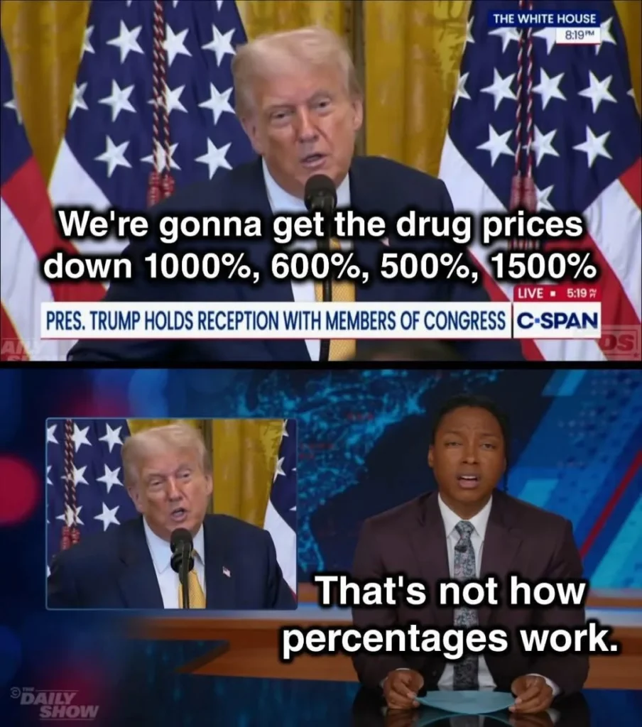 News clip showing donlad trump politician claiming drug prices will drop over 1000 percent while commentator says that's not how percentages work