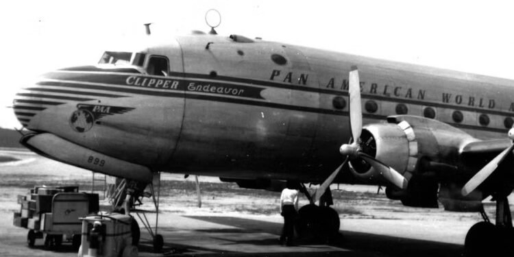 Wreckage of a vintage Pan Am passenger plane resting on the Atlantic Ocean floor