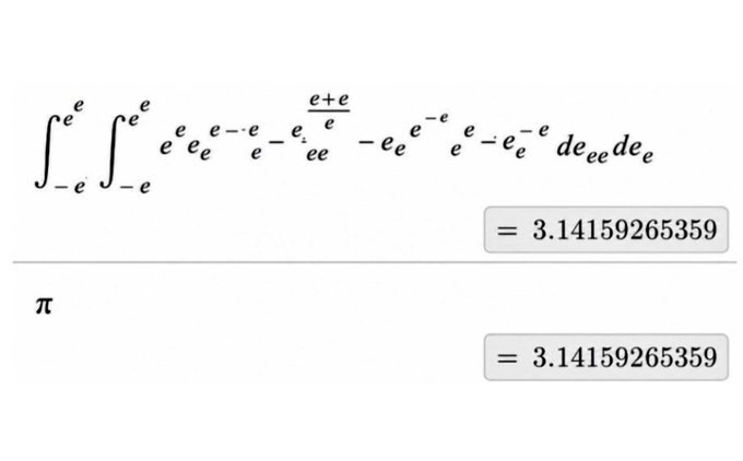 Math meme showing a nonsensical double integral cluttered with random "e" symbols, subscripts, and exponents, computing to 3.14159265359 — set beside the simple constant π, which equals the same value, mocking overly complicated math notation.