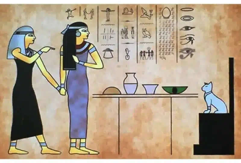 Ancient Egyptian tomb painting style illustration of the woman yelling at a cat meme with hieroglyphic panels