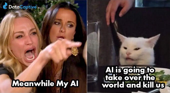 Branded woman yelling at a cat meme captioned about AI taking over the world and killing everyone