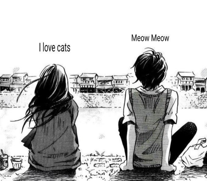 Manga style artwork of two people conversing with I love cats and Meow Meow