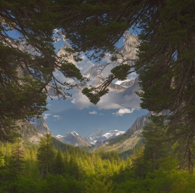 Scenic mountain landscape where tree branches and clouds form the hidden silhouette of a giant cat