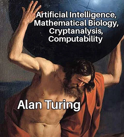 Alan Turing depicted as Atlas carrying the weight of AI, cryptanalysis, and computability theory