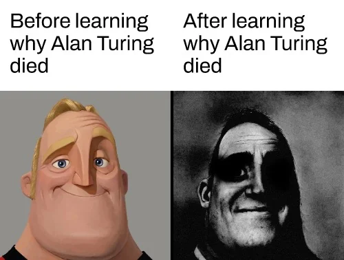 Illustration representing awareness of Alan Turing's tragic death following his persecution for being gay meme