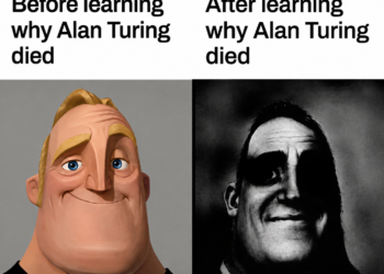 "Before learning why Alan Turing died" on the left and "After learning why Alan Turing died" on the right.