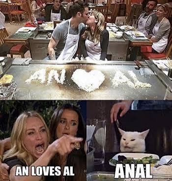 Teppanyaki chefs writing AN and AL in rice forming a heart, paired with the woman yelling at a cat meme spelling out a wordplay joke