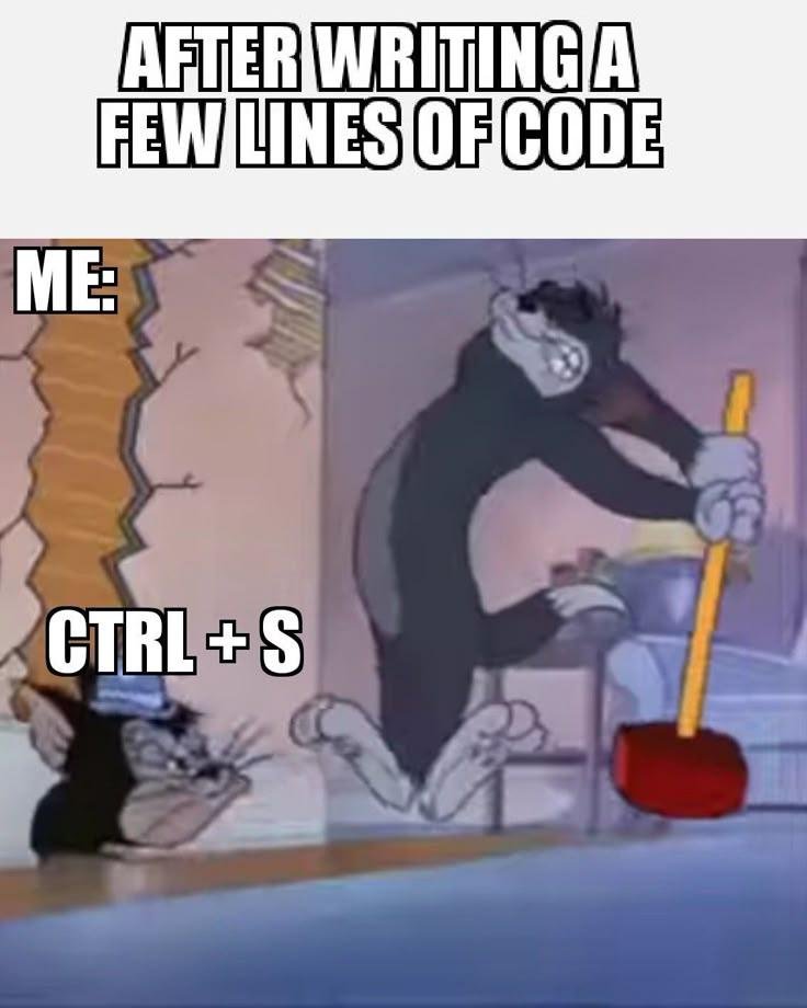 Programmer pressing Ctrl S repeatedly after writing a few lines of code meme