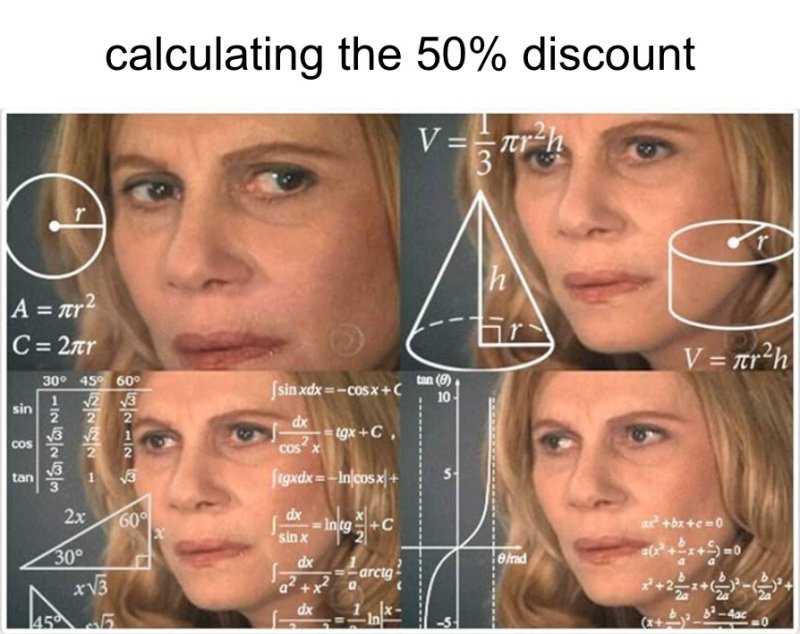 calculating the 50 % discount confused math aldy meme