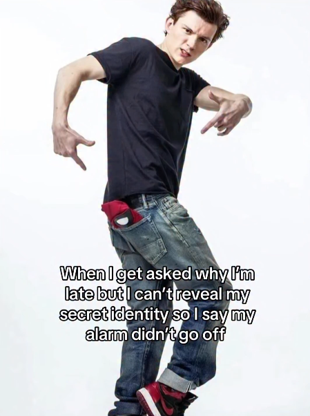 Meme of Tom Holland with a Spider-Man mask in his pocket joking about hiding his secret identity when running late