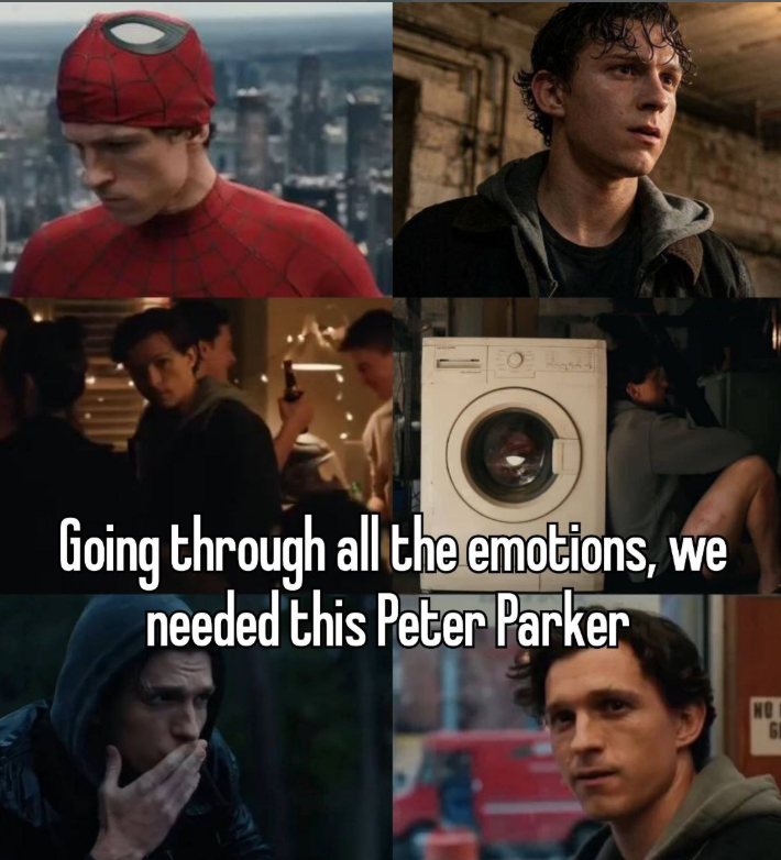 Six panel Spider-Man meme showing Peter Parker in emotional moments across different films with a caption about needing this character