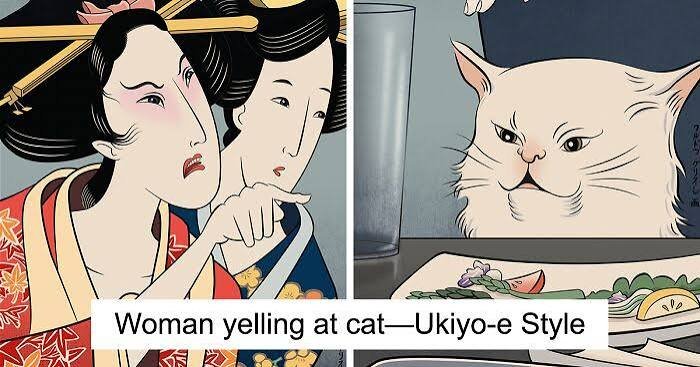 Japanese ukiyo-e woodblock print style illustration of the woman yelling at a cat meme