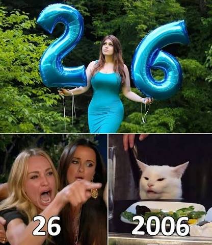 Woman holding number 26 balloons above the woman yelling at a cat meme labeled 26 and 2006