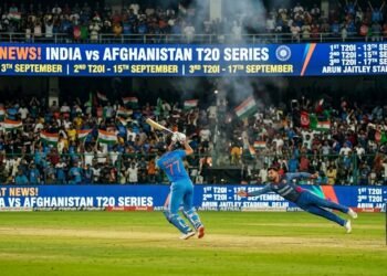 India vs Afghanistan T20 Series banner showing action at Arun Jaitley Stadium Delhi with schedule on screen