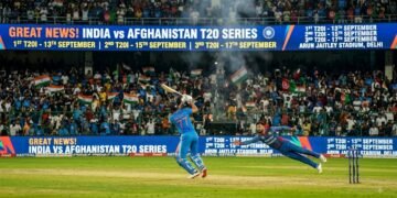 India vs Afghanistan T20 Series banner showing action at Arun Jaitley Stadium Delhi with schedule on screen