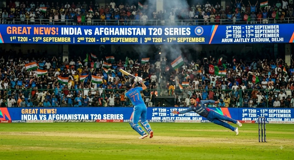 India vs Afghanistan T20 Series banner showing action at Arun Jaitley Stadium Delhi with schedule on screen