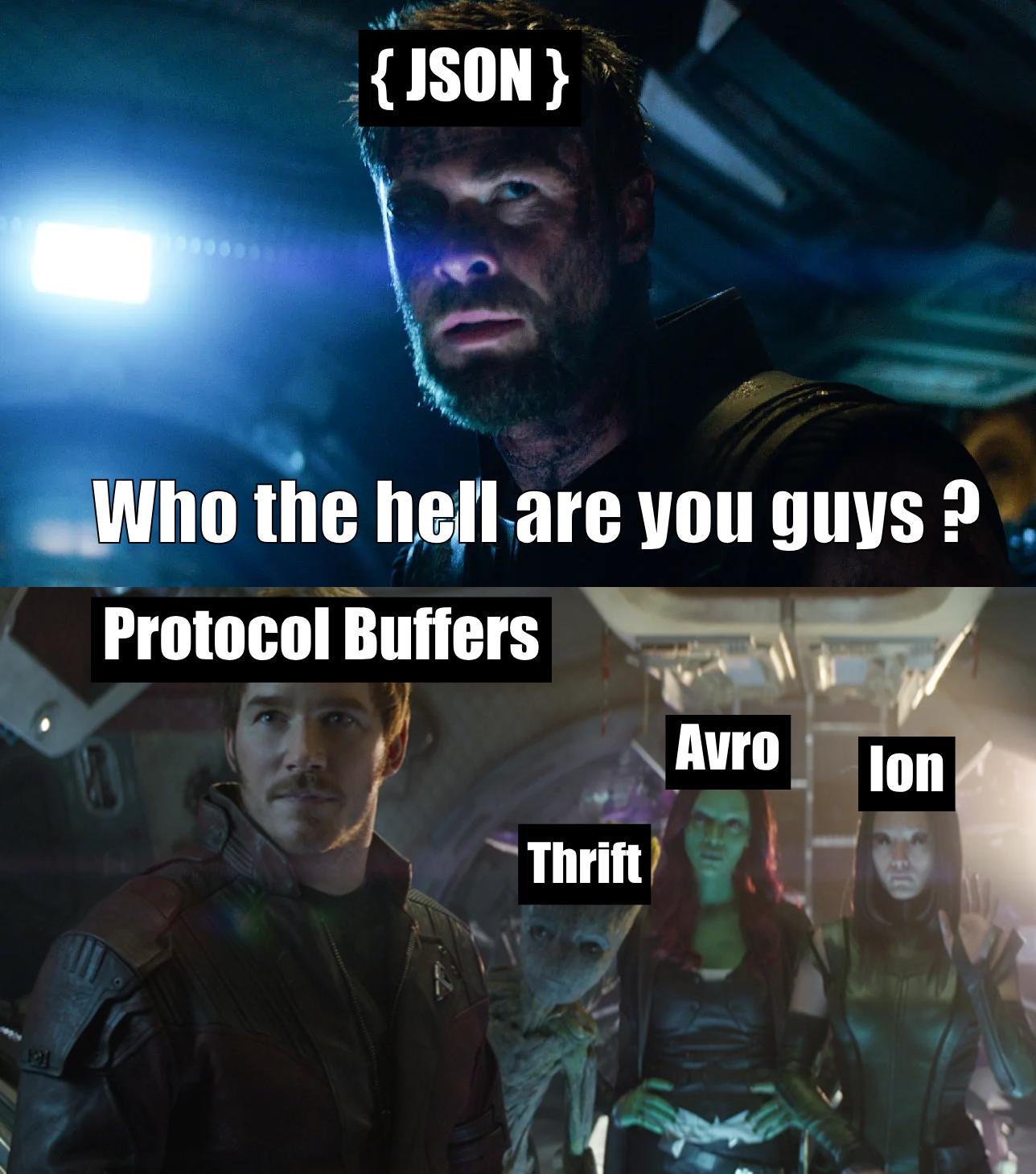 JSON Protocol Buffers Avro Thrift Ion data serialization programmer meme
