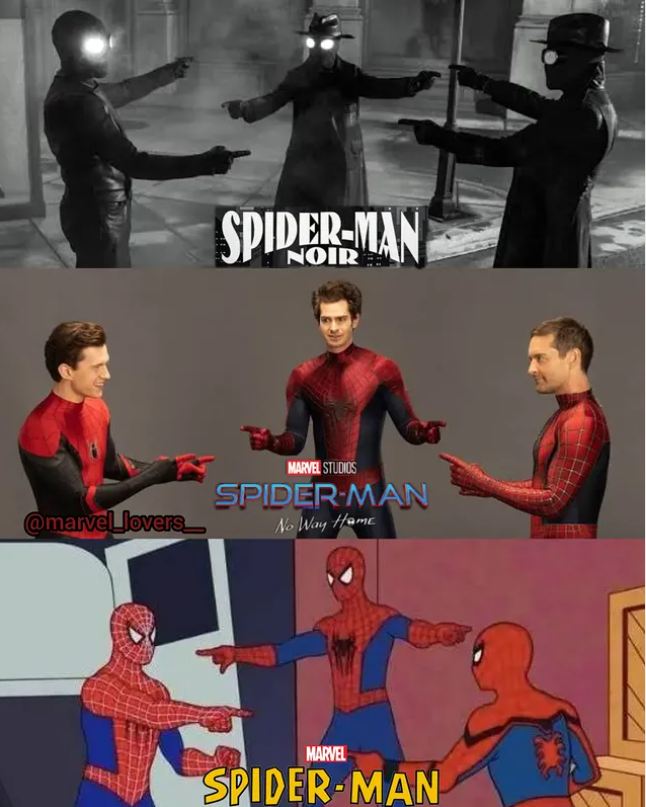 A crossover meme joking that only one Spider-Man version has organic webs, while the other three envy him with matching reaction captions