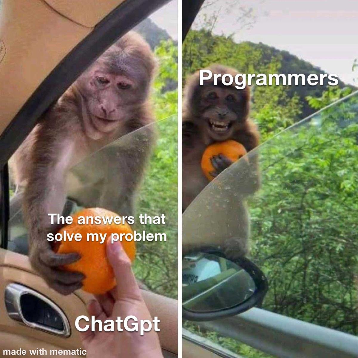 Programmers taking answers from ChatGPT funny AI coding meme