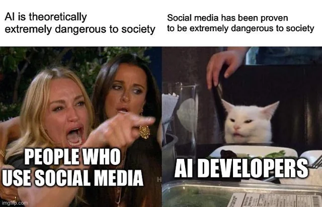 Woman yelling at a cat meme comparing fears about AI danger to the proven dangers of social media