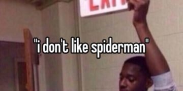 Man holding an exit sign meme reacting to someone saying they do not like Spider-Man