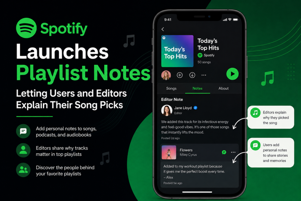 Spotify Playlist Notes feature showing users and music editors adding notes to explain song picks and share stories in playlists.