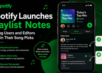 Spotify Playlist Notes feature showing users and music editors adding notes to explain song picks and share stories in playlists.
