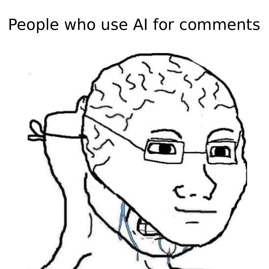 Wojak mask showing brain for AI comments meme