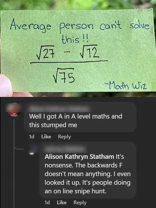Backwards F square root math comment meme
