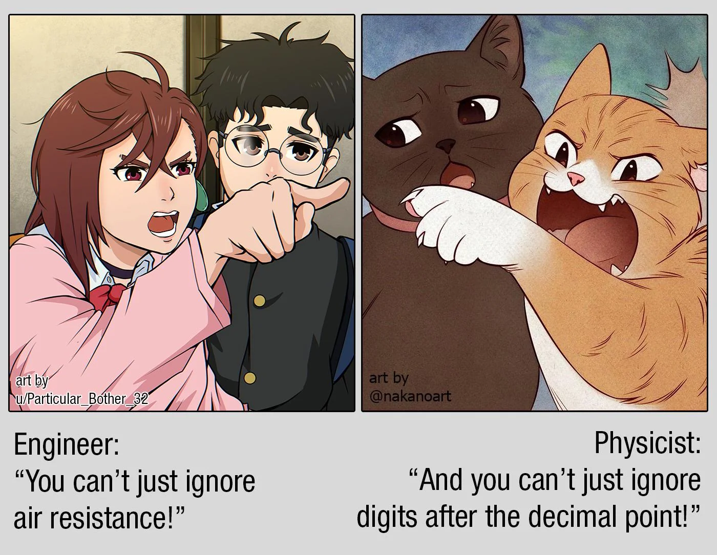 Anime style redraw of the woman yelling at a cat meme captioned with an engineer and physicist argument about air resistance
