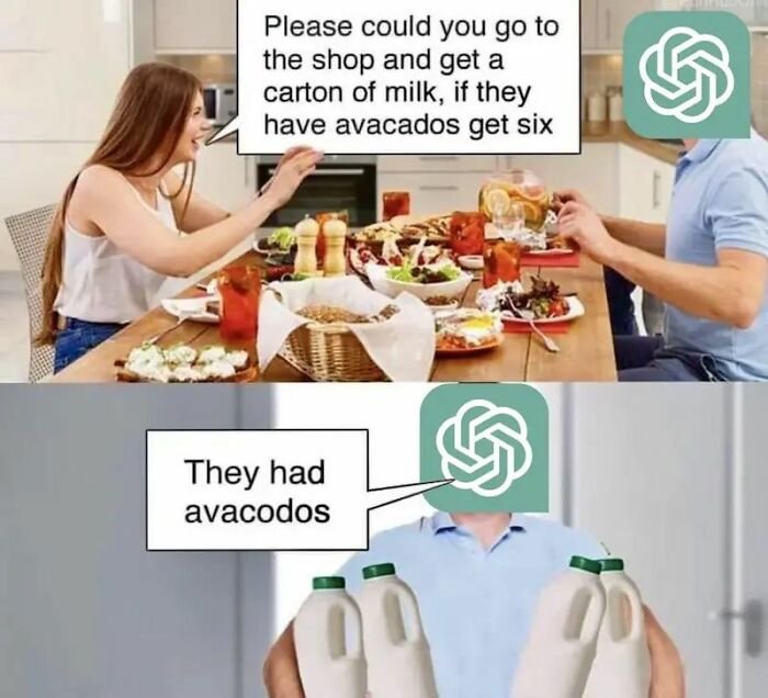 ChatGPT meme showing an AI buying six cartons of milk instead of six avocados