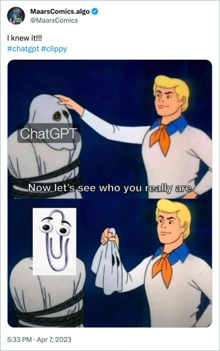 Funny ChatGPT meme unmasking the chatbot as the old paperclip office assistant Clippy