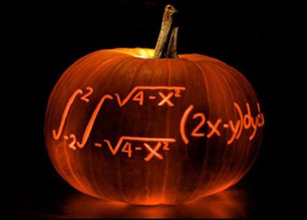 Pumpkin carved with double integral of 2x minus y over a circle Halloween calculus meme