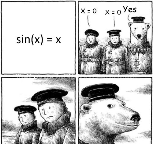 Taylor series meme about sin(x) = x with engineers as a polar bear