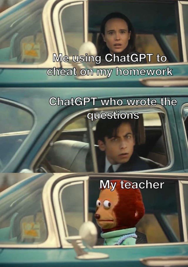 ChatGPT homework meme where the student and the teacher both used the same AI
