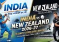India vs New Zealand 2026 series preview graphic featuring an Indian batsman in blue and a Blackcaps fast bowler in black uniform on a stadium backdrop.