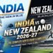 India vs New Zealand 2026 series preview graphic featuring an Indian batsman in blue and a Blackcaps fast bowler in black uniform on a stadium backdrop.