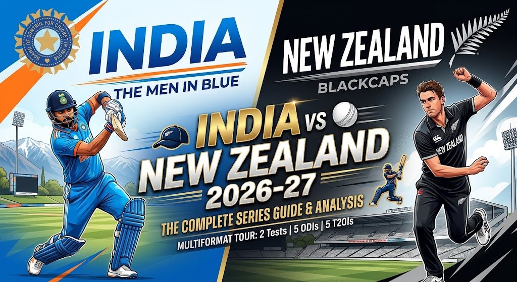 India vs New Zealand 2026 series preview graphic featuring an Indian batsman in blue and a Blackcaps fast bowler in black uniform on a stadium backdrop.