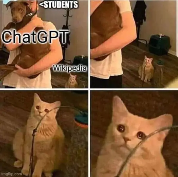 Meme showing students leaving the online encyclopedia behind for ChatGPT