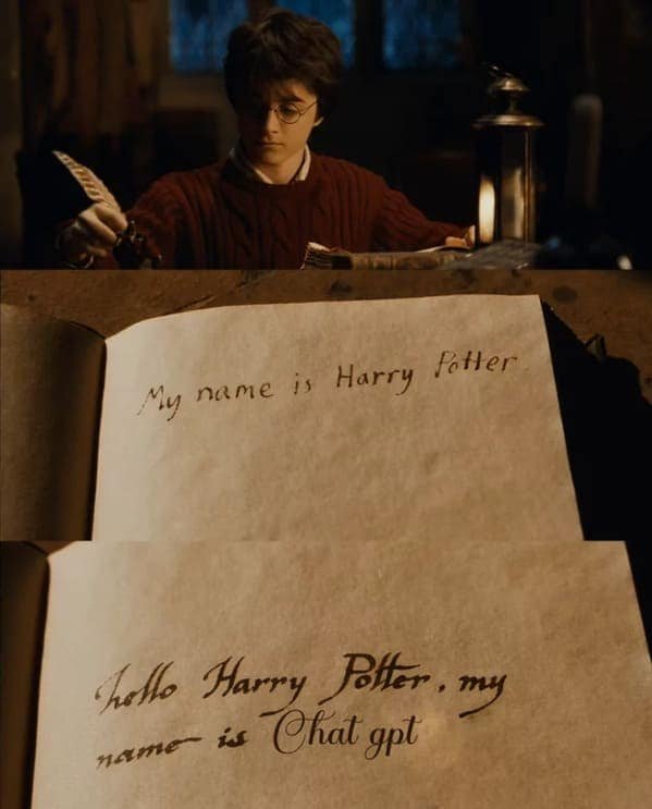 Harry Potter ChatGPT meme where the magic diary replies with the name ChatGPT
