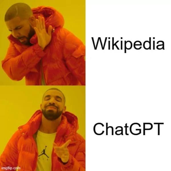 Drake approval meme rejecting the online encyclopedia and approving ChatGPT