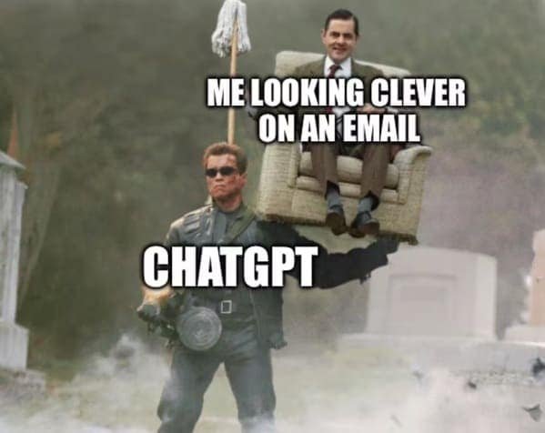 Funny ChatGPT meme of a muscular robot carrying a man in an armchair labeled looking clever on an email